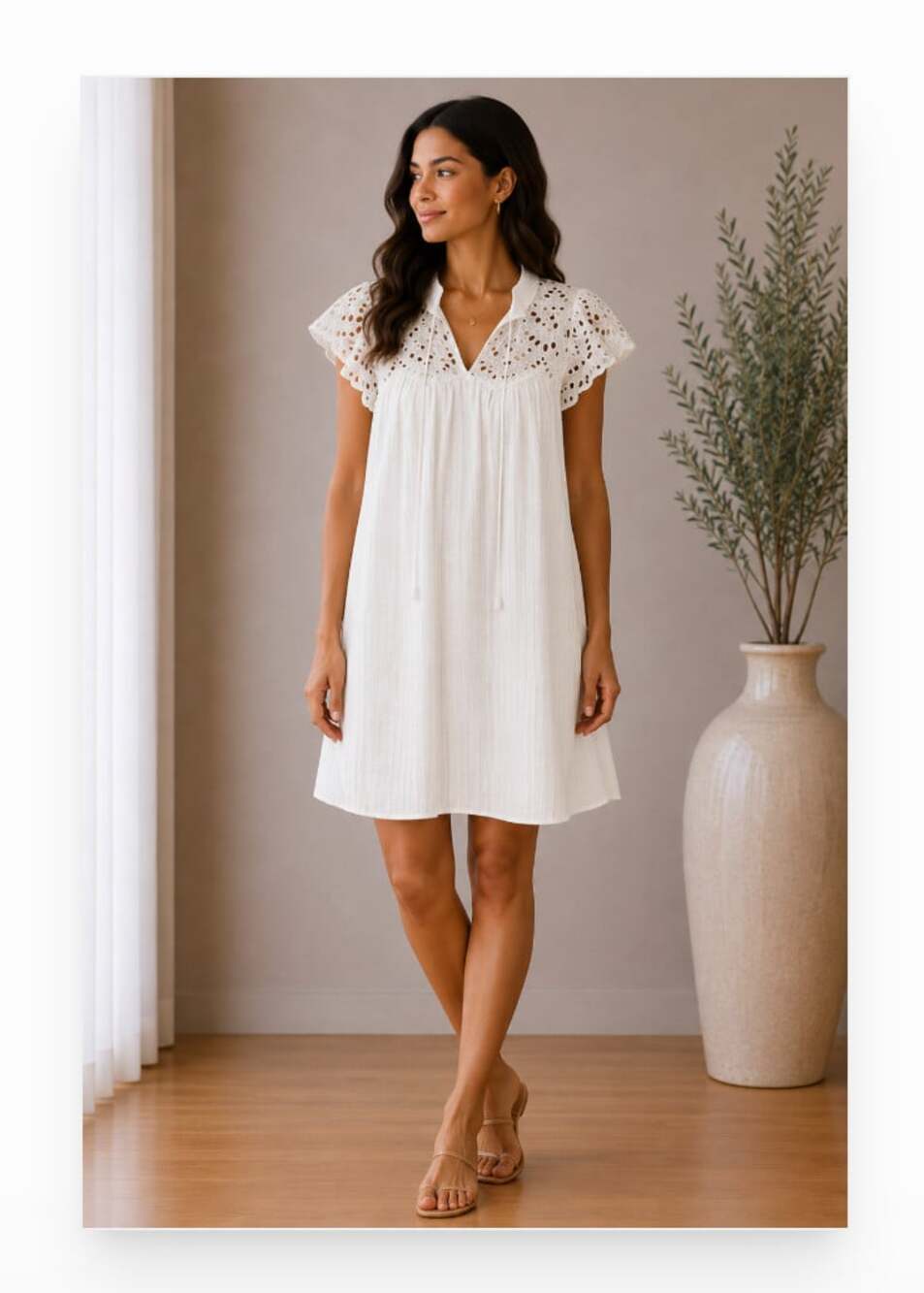 Entro Dress Womens Medium White Lace Crochet Flutter Sleeve Shift Mini Casual